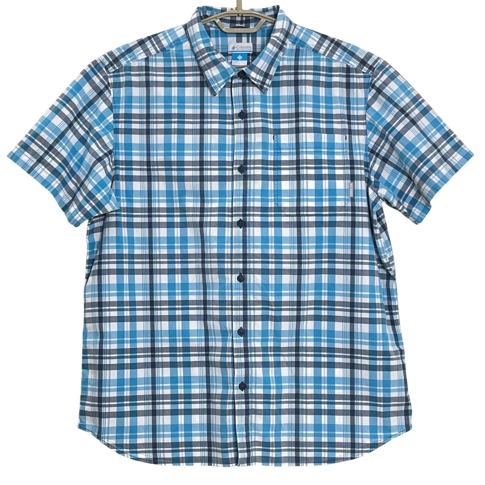 Columbia Mens Button Down Shirt XL Blue Plaid Short Sleeve Cotton XM7749 Hiking